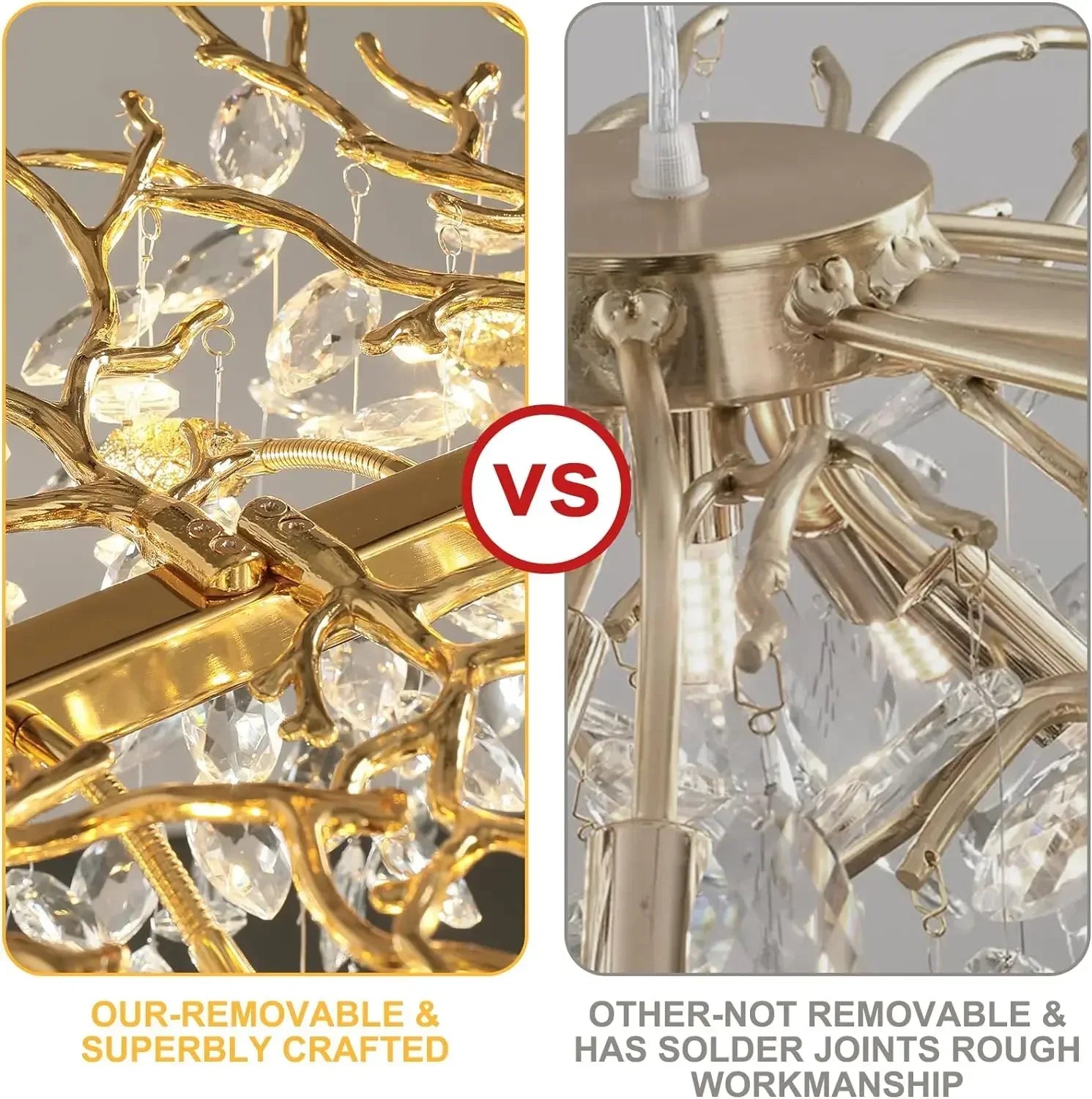 Gold-toned branch crystal chandelier with dangling crystals for living room bedroom modern ceiling fixture