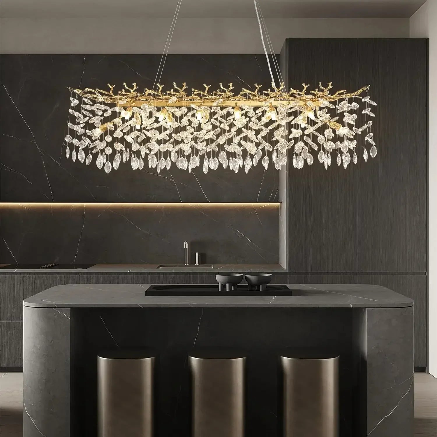 Gold-toned branch crystal chandelier with cascading crystal leaves for living room bedroom dining kitchen fixture