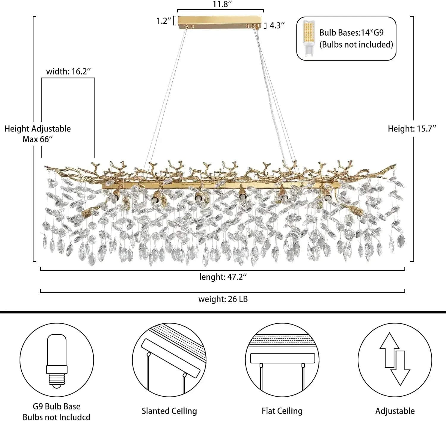 Gold-toned modern branch crystal chandelier with cascading crystal droplets for living room bedroom kitchen fixture