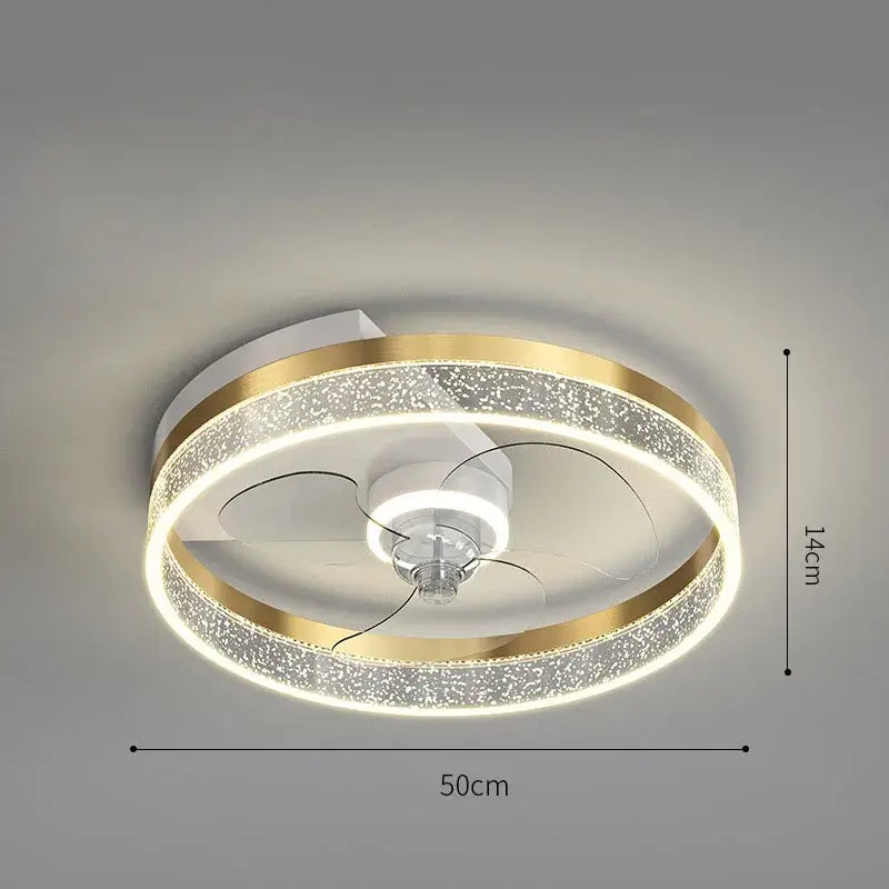 Modern chrome decorbites ceiling fan light with gold-accented frame and crystal rings for bedroom use