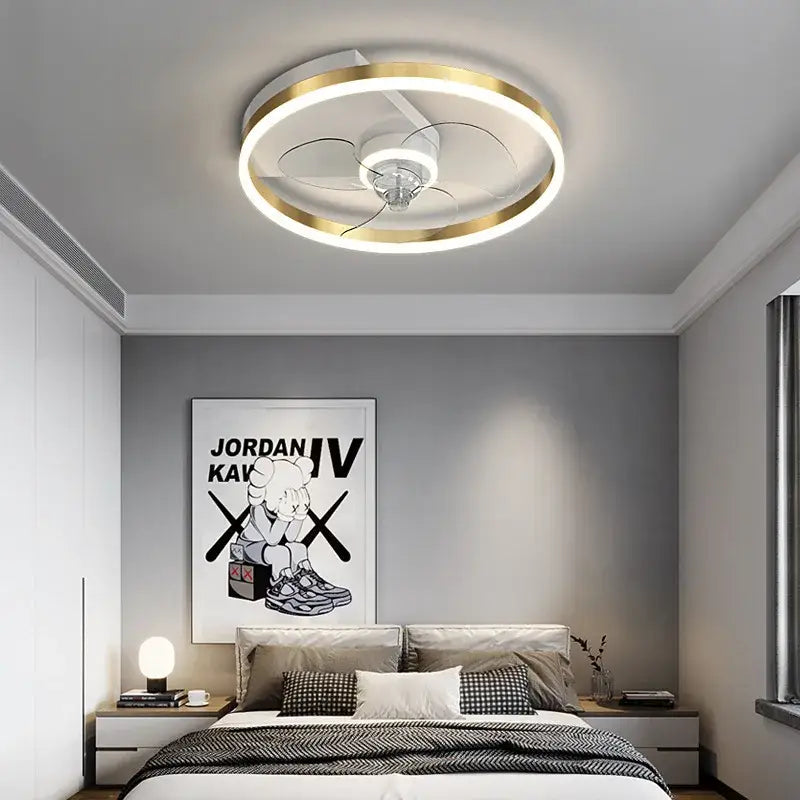 Modern chrome crystal ceiling fan light with gold-accented frame and integrated led lighting for bedroom decorbites ceiling fan