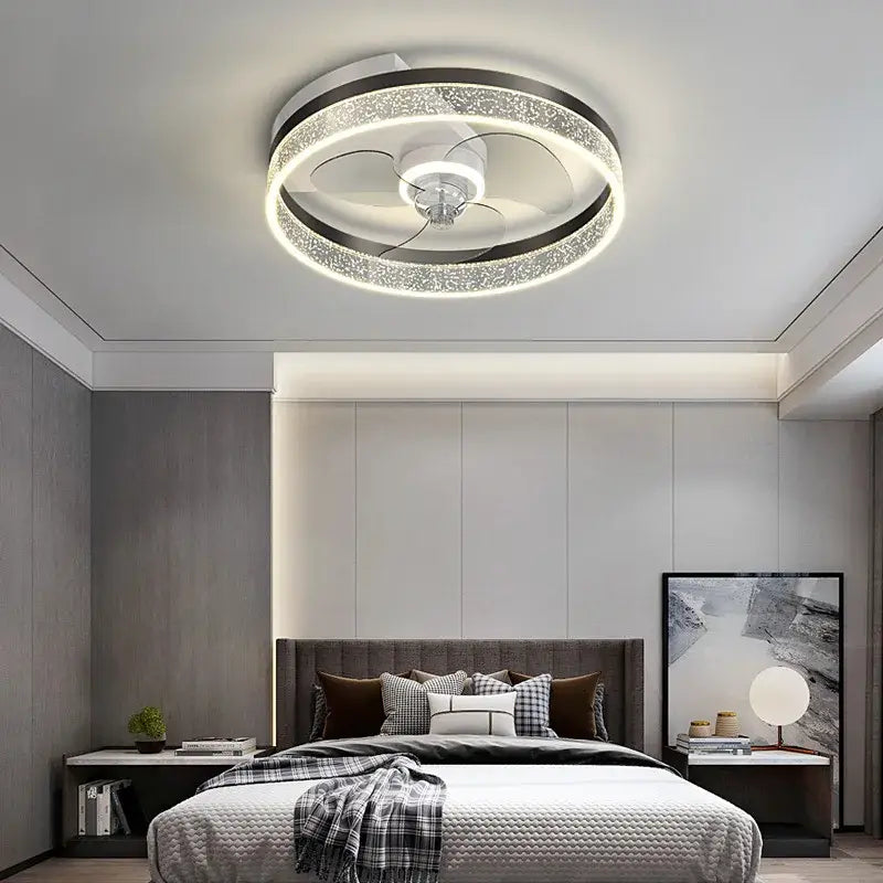 Modern chrome crystal ceiling fan light with embedded led lights and crystal accents for bedroom decorbites ceiling fan