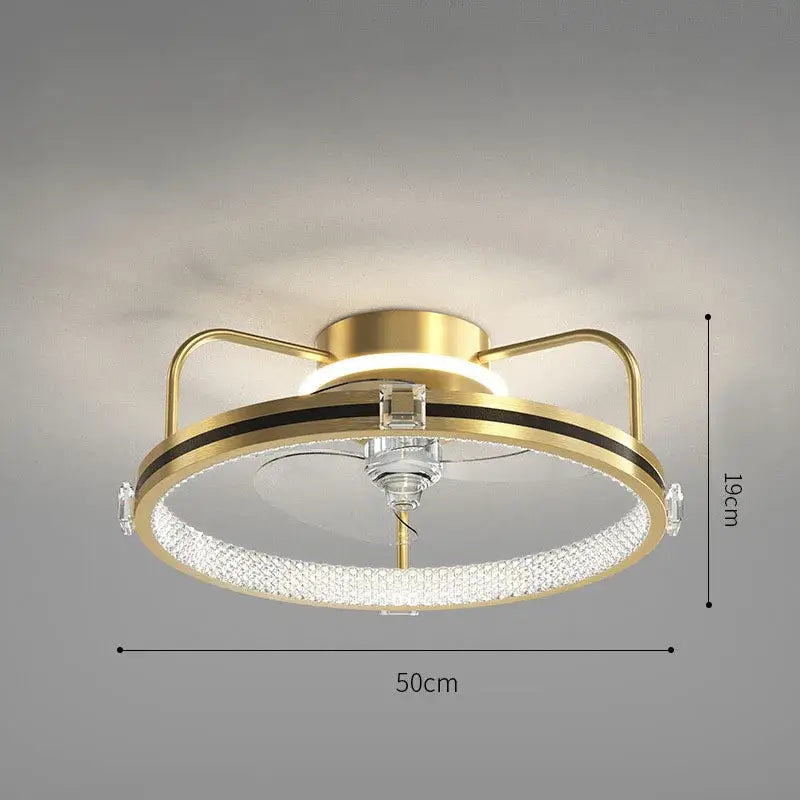 Modern chrome crystal ceiling fan light with gold-toned circular design, crystal-encrusted ring, and black accent bands
