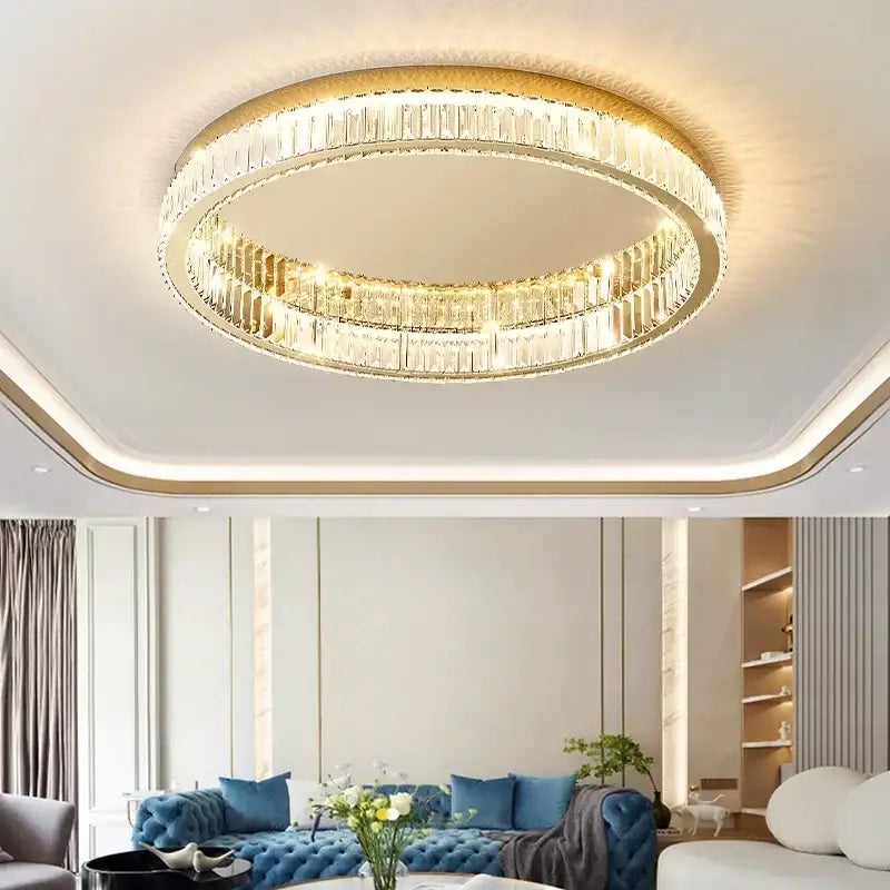 Modern chrome crystal circle led ceiling chandelier with gold-toned concentric rings of faceted crystal decorbites crystal circle