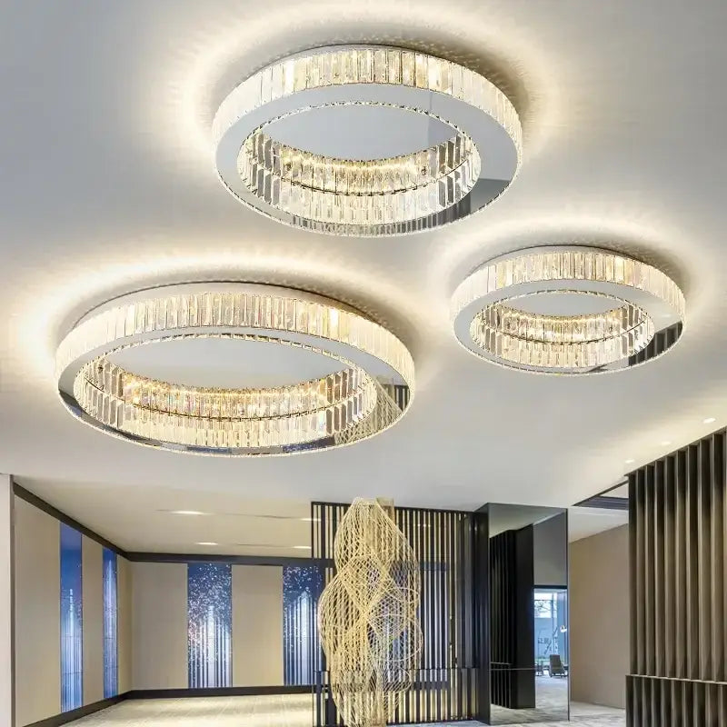 Modern chrome crystal circle led ceiling chandelier with crystal faceted elements for living room decorbites ceiling chandelier