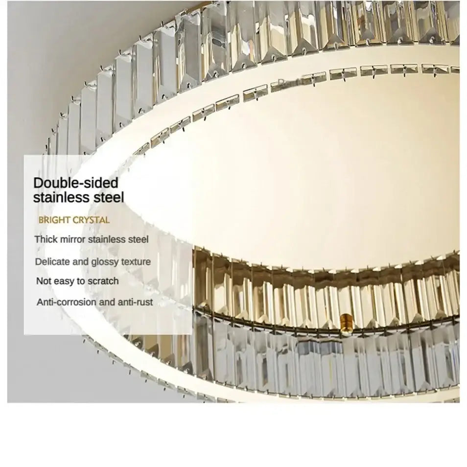 Modern chrome crystal circle led ceiling chandelier with double-sided stainless steel frame and bright crystal accents