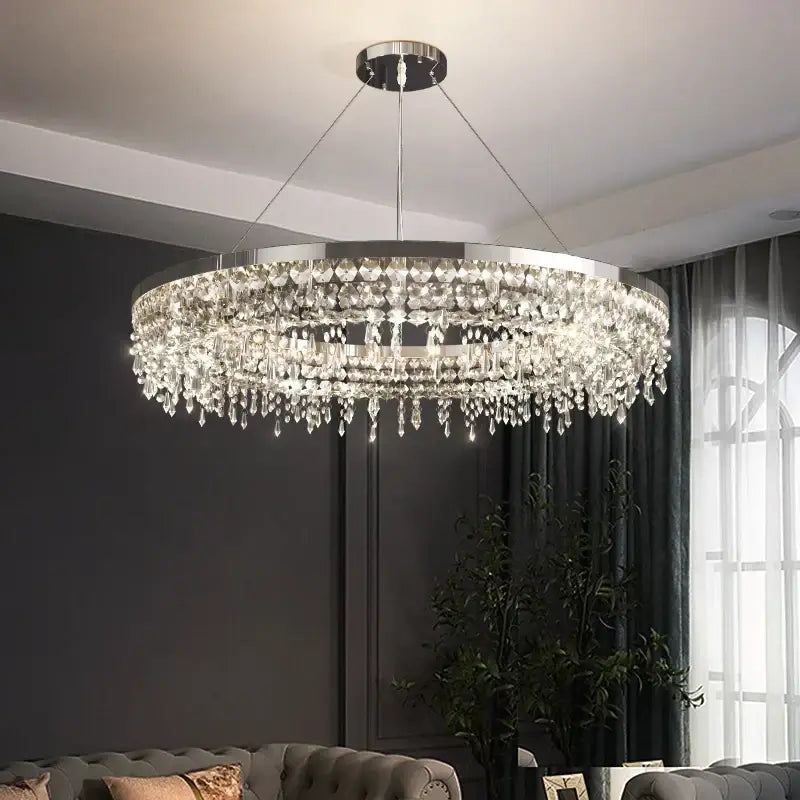 Modern chrome crystal circle led chandelier with clear crystal droplets on polished frame for living room decorbites crystal circle