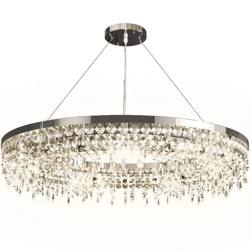Modern chrome crystal circle led chandelier with polished frame and cascading prisms for living room decorbites crystal circle
