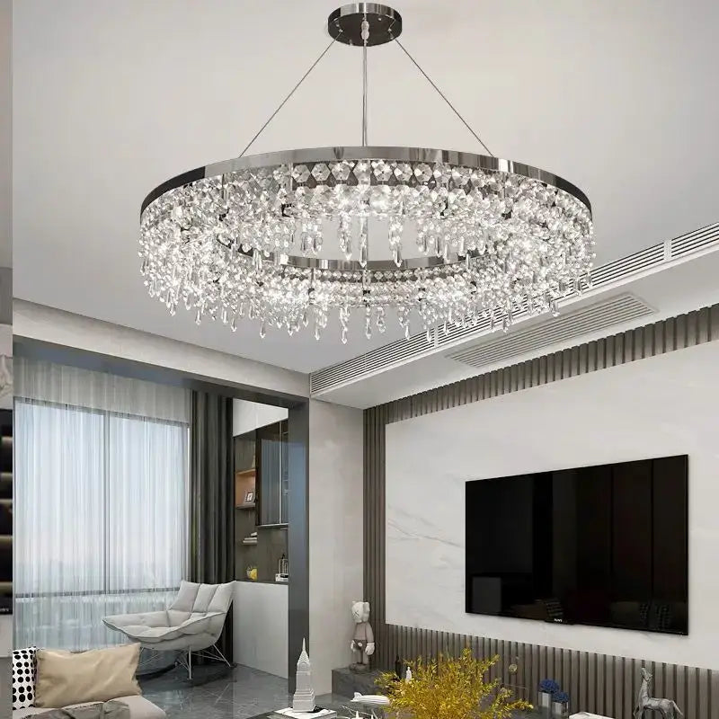 Modern chrome crystal circle led chandelier with sleek frame and cascading clear droplets for living room decorbites decor