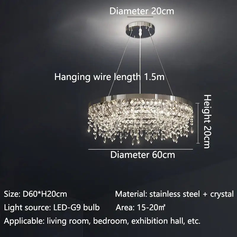 A modern chrome crystal circle led chandelier with stainless steel frame and cascading crystal droplets for living room decorbites decor
