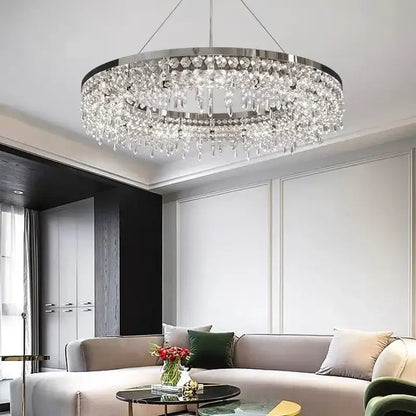 Modern chrome crystal circle led chandelier with cascading clear droplets for living room decorbites crystal circle decor