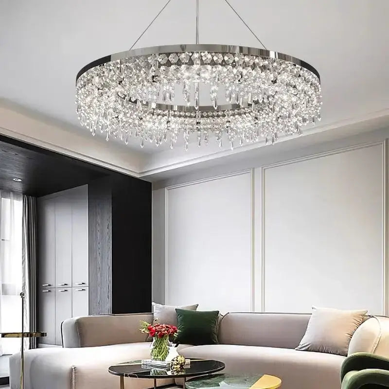 Modern chrome crystal circle led chandelier with cascading clear droplets for living room decorbites crystal circle decor