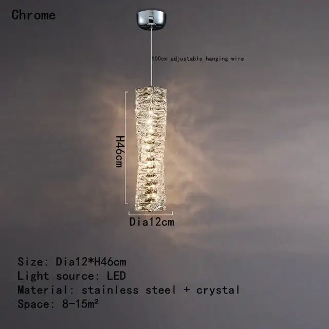 Modern chrome crystal dining table pendant lamp with cylindrical textured crystal design and led lighting by decorbites