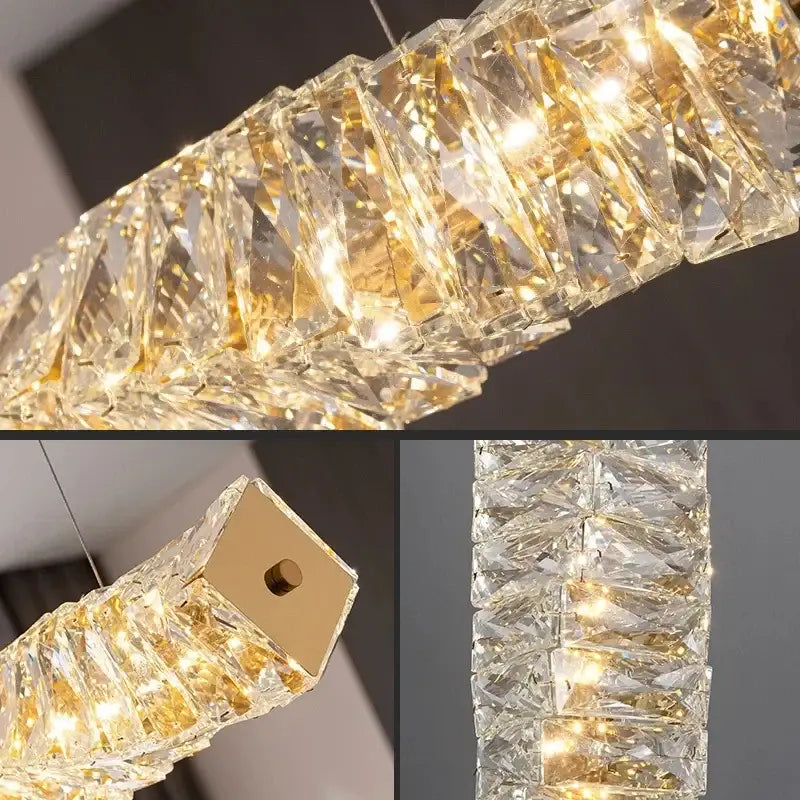Modern chrome pendant lamp with faceted clear crystals and warm golden lighting for decorbites crystal dining table