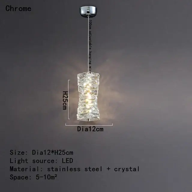 A modern chrome pendant lamp with textured crystal body and adjustable wire for decorbites crystal dining table use