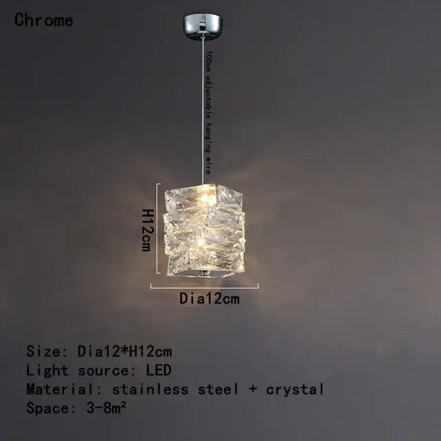 Modern chrome crystal dining table pendant lamp with clear crystal ice cube pendant and adjustable chrome stem