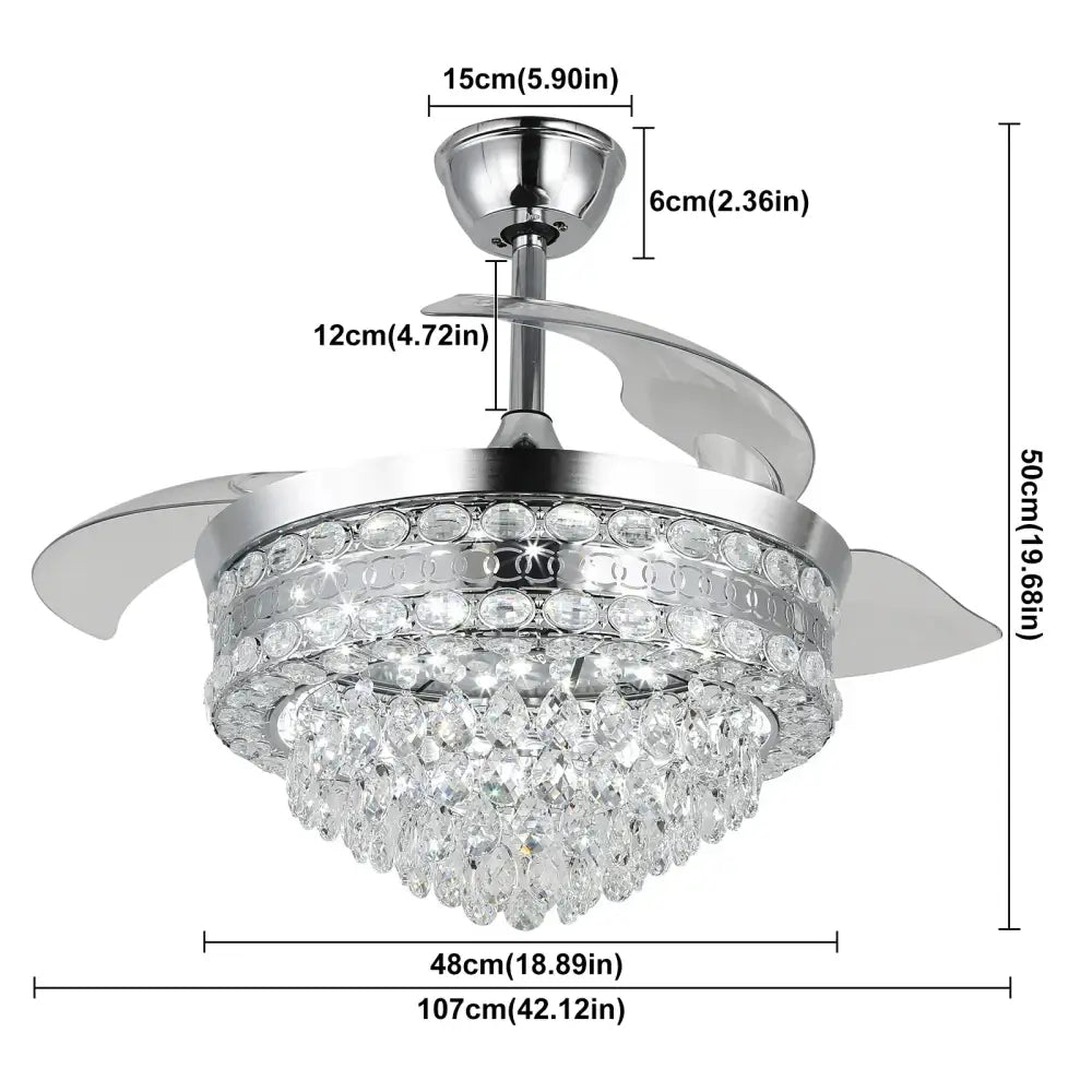 Modern chrome crystal fan chandelier with led light featuring multiple tiers of clear and oval crystal droplets