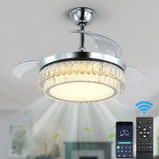 Modern chrome decorbites crystal fan chandelier with led light ring and transparent blades for bedroom decor