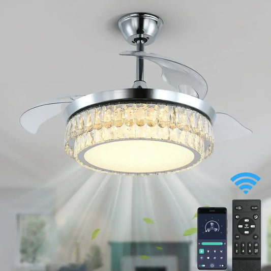 Modern chrome decorbites crystal fan chandelier with led light ring and transparent blades for bedroom decor