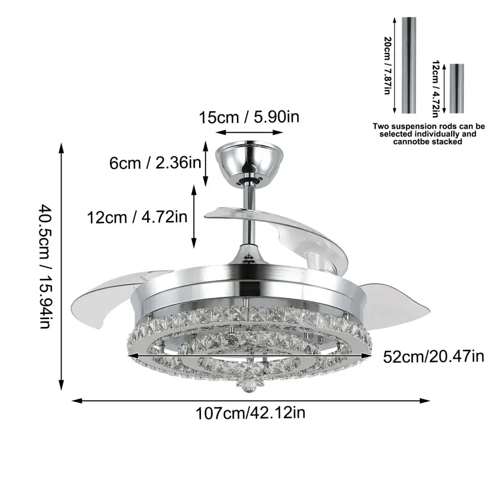 Modern chrome crystal fan chandelier with led light and three translucent blades for bedroom decorbites crystal fan