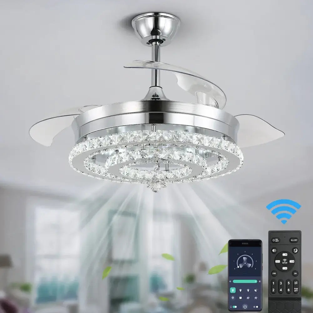 Modern silver-toned decorbites crystal fan chandelier with led light, transparent blades, and retractable design for bedroom decor