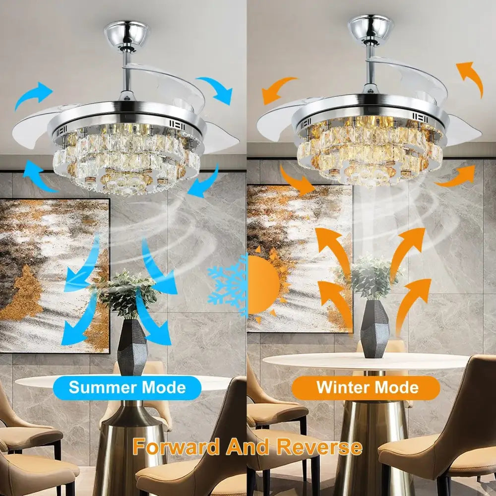 Modern chrome crystal fan chandelier with led light and dual blades for summer cooling and winter heating decorbites crystal fan