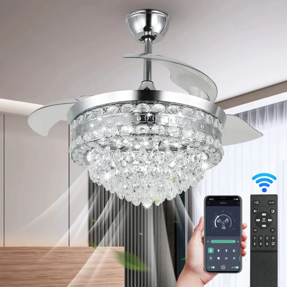 Modern chrome crystal fan chandelier with silver crystal accents and transparent blades featuring led light decorbites crystal fan design