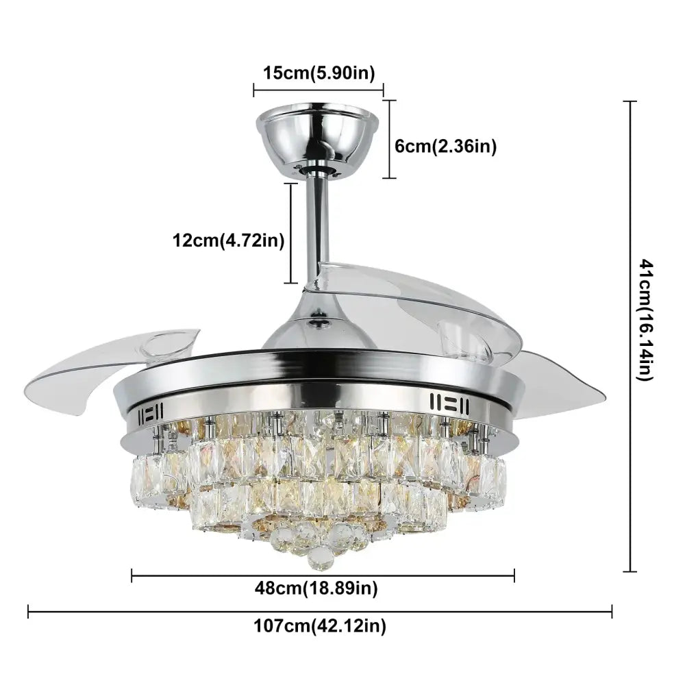 Modern chrome crystal fan chandelier with led light and transparent blades for elegant bedroom decorbites crystal fan