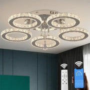 Modern chrome crystal flush mount rings living room light with four interlocking clear faceted crystal rings and chrome finish