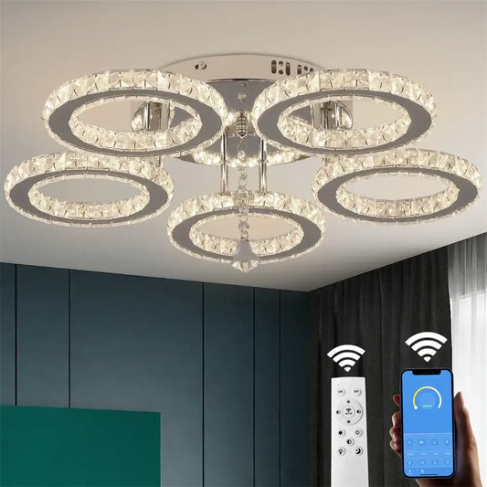 Modern chrome crystal flush mount rings living room light with four interlocking clear faceted crystal rings and chrome finish