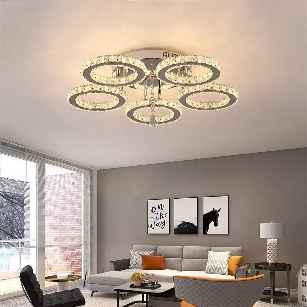 Modern chrome crystal flush mount rings living room light with multiple concentric faceted crystals in polished chrome