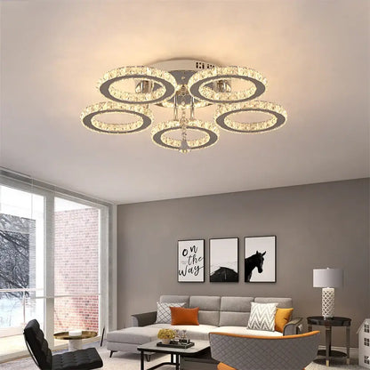 Modern chrome crystal flush mount rings living room light with multiple concentric faceted crystals in polished chrome