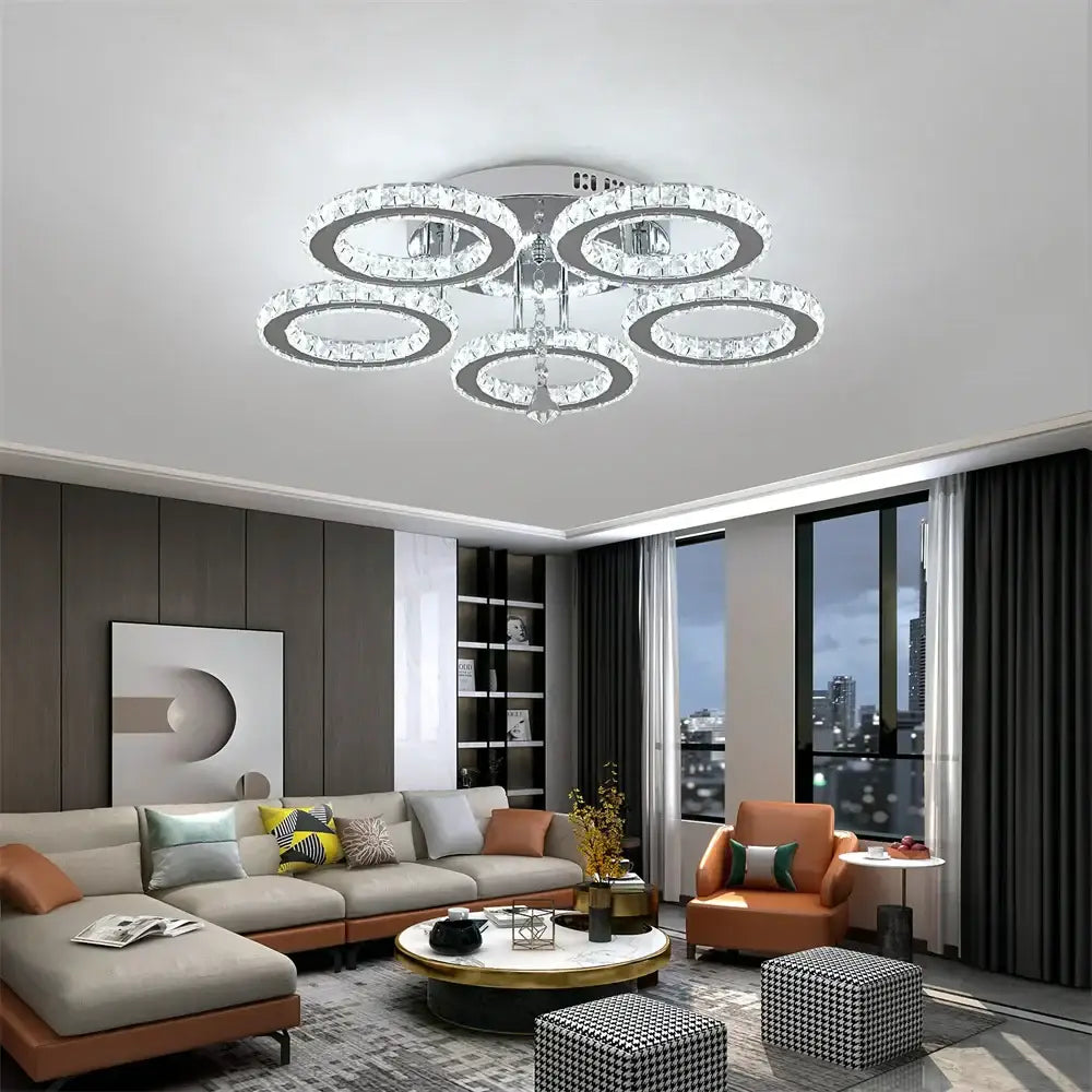 Modern chrome crystal flush mount featuring multiple interlocking rings and a central chrome fixture for living room decorbites crystal flush