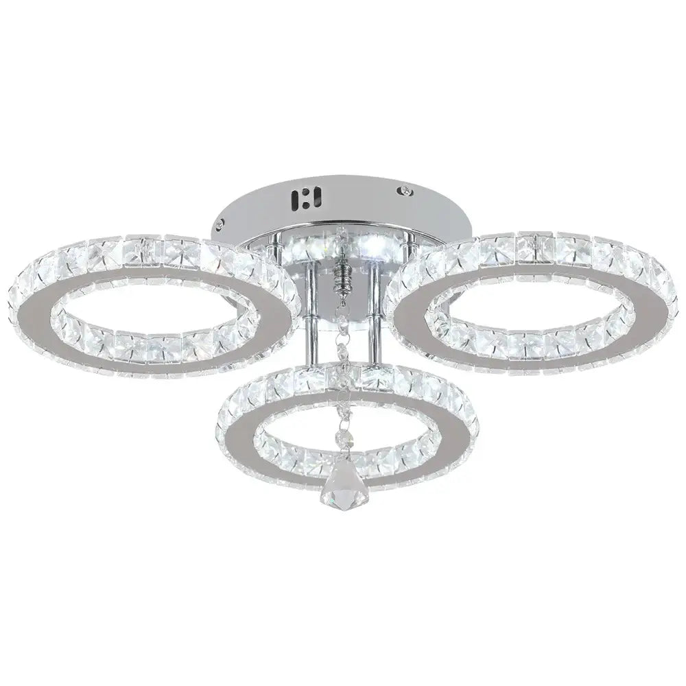 Modern chrome crystal flush mount ceiling light with three interlocking crystal rings and a teardrop pendant for living room decorbites crystal flush