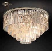 Modern chrome crystal flushmount chandelier with cascading clear prisms and sleek frame ceiling light by chandelier star