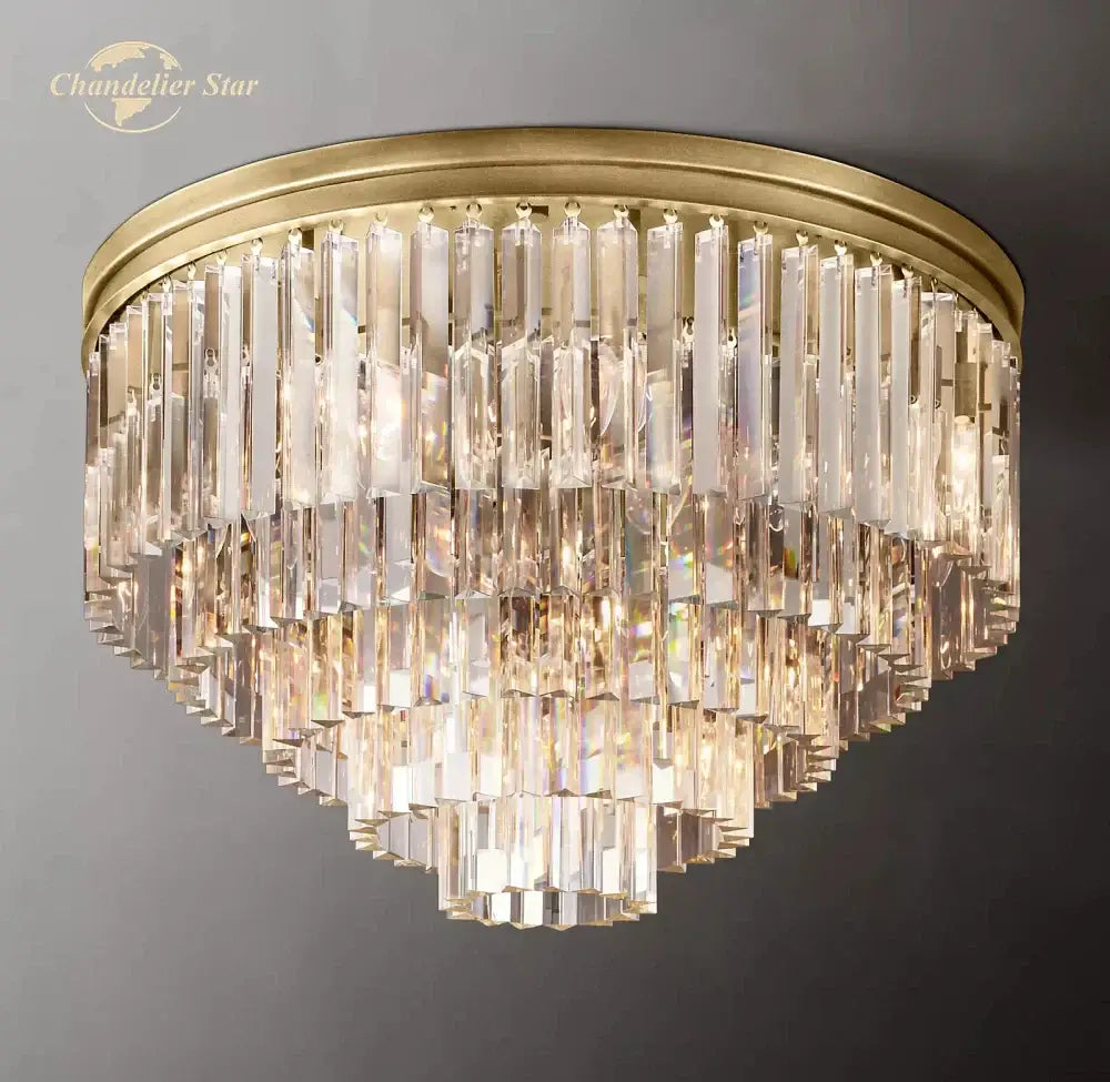 Modern chrome crystal flushmount chandelier with gold-toned metal frame and clear faceted prisms ceiling light decorbites