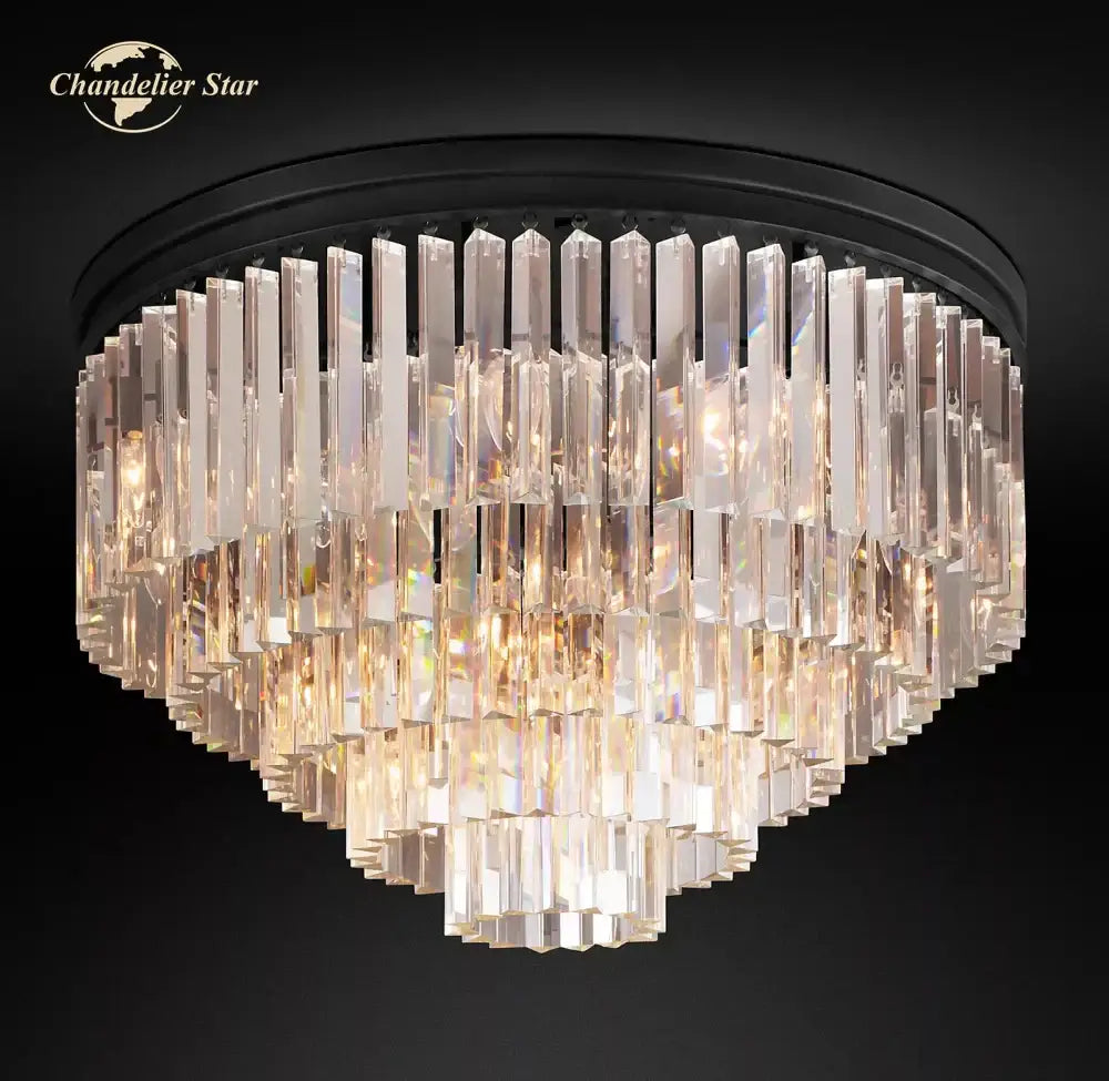 A modern chrome crystal flushmount chandelier with tiered faceted glass rods on a black frame ceiling light