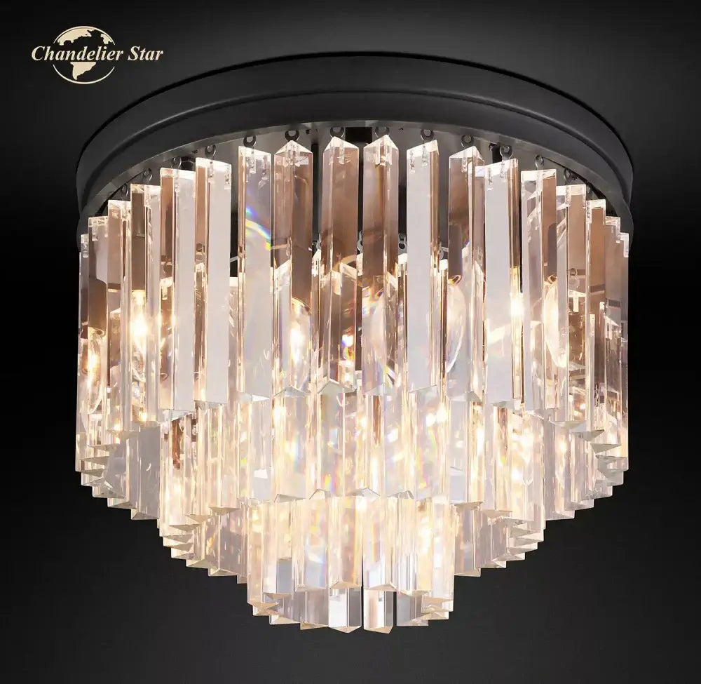 Modern chrome crystal flushmount chandelier with clear crystal and black metal frame ceiling light for living room decorbites