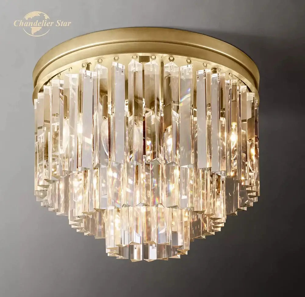 Gold-finished modern chrome crystal flushmount chandelier with cascading clear crystal prisms ceiling light for living room decorbites