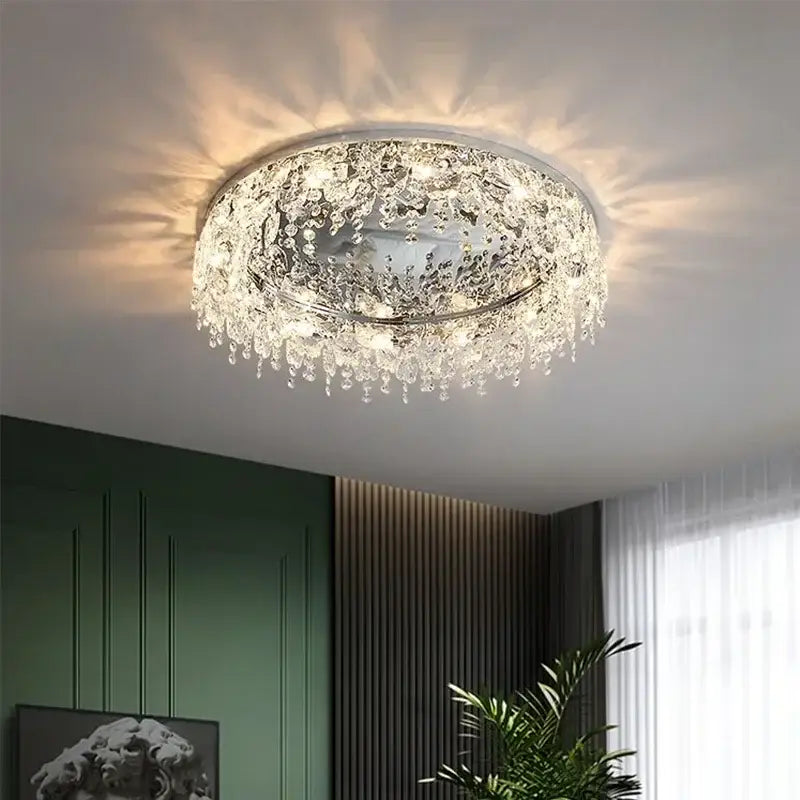 Modern chrome crystal led ceiling chandelier with cascading clear crystal droplets for living room decorbites crystal led