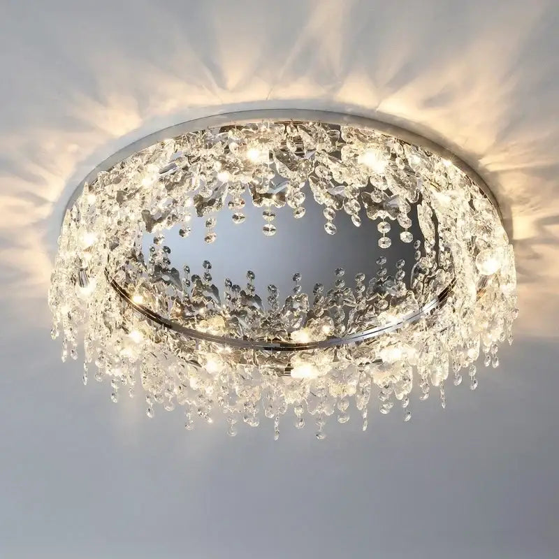 Modern chrome crystal led ceiling chandelier with clear faceted droplets and beads for living room decorbites crystal led