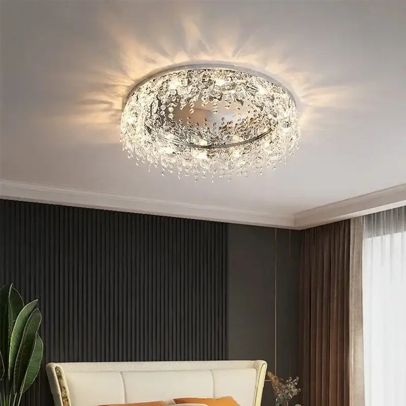 Modern chrome crystal led ceiling chandelier with clear crystals and warm light for living room decorbites crystal led