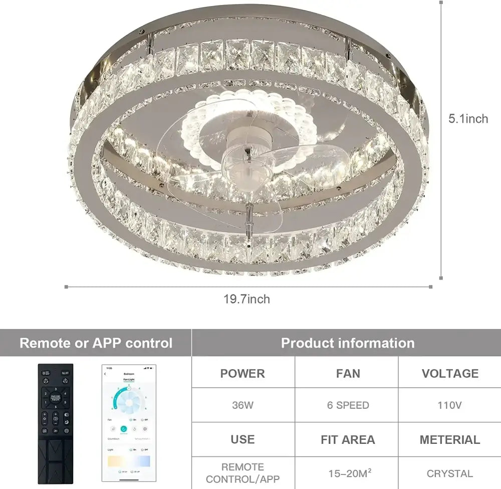 Modern chrome crystal led ceiling fan with integrated led lights and concentric rings of clear crystals for bedroom decorbites crystal led