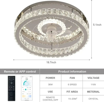 Modern chrome crystal led ceiling fan with integrated led lights and concentric rings of clear crystals for bedroom decorbites crystal led