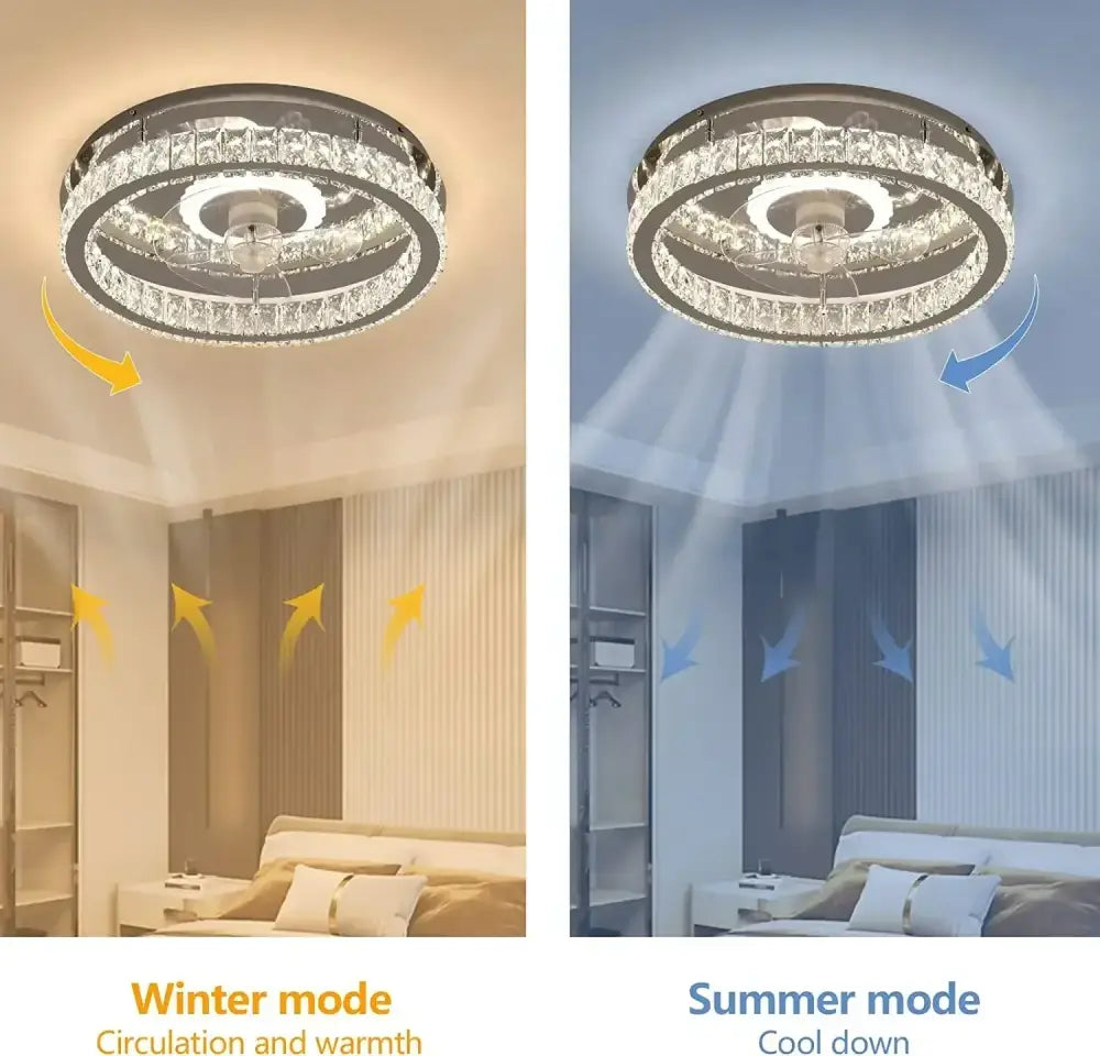 Modern chrome crystal led ceiling fan with two rings of clear crystal accents and adjustable warm cool white lighting