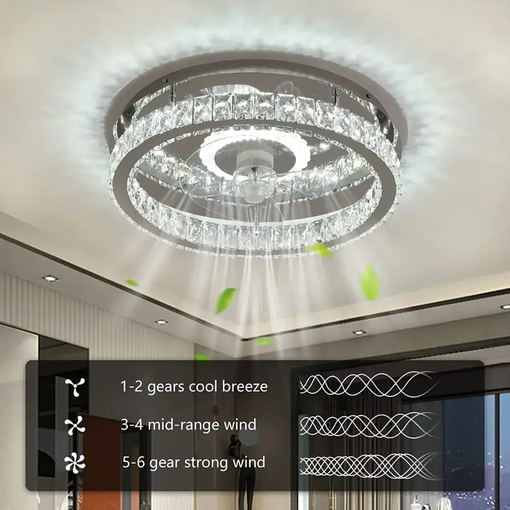 Modern chrome crystal led ceiling fan with sleek silver frame and multi-tiered decorbites crystal led lighting for bedrooms