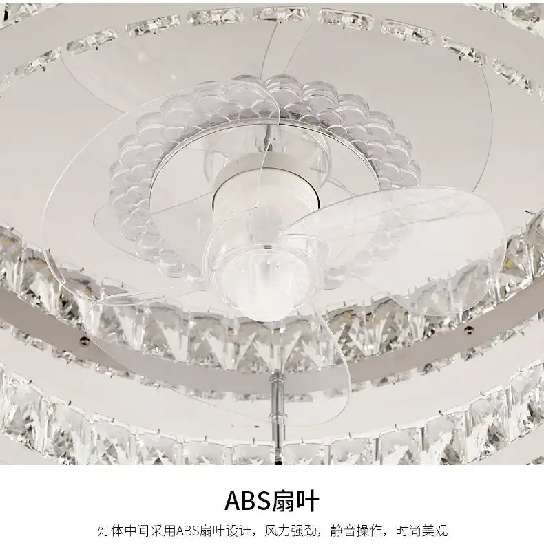 Modern chrome crystal led ceiling fan with clear crystal-encrusted circular design and central abs blade for bedroom decorbites crystal led decor