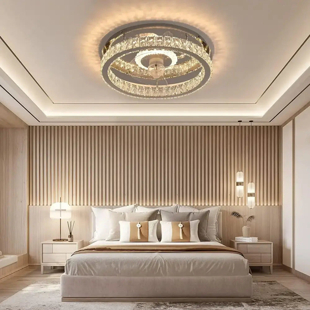 Modern chrome crystal led ceiling fan with circular flush mount and clear crystal rings for bedroom decorbites crystal led lighting