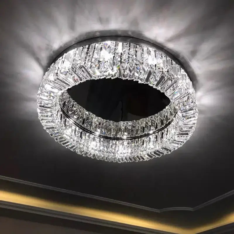 Modern chrome crystal led ceiling lamp featuring a double-ring design with clear faceted crystals for living room decorbites crystal led