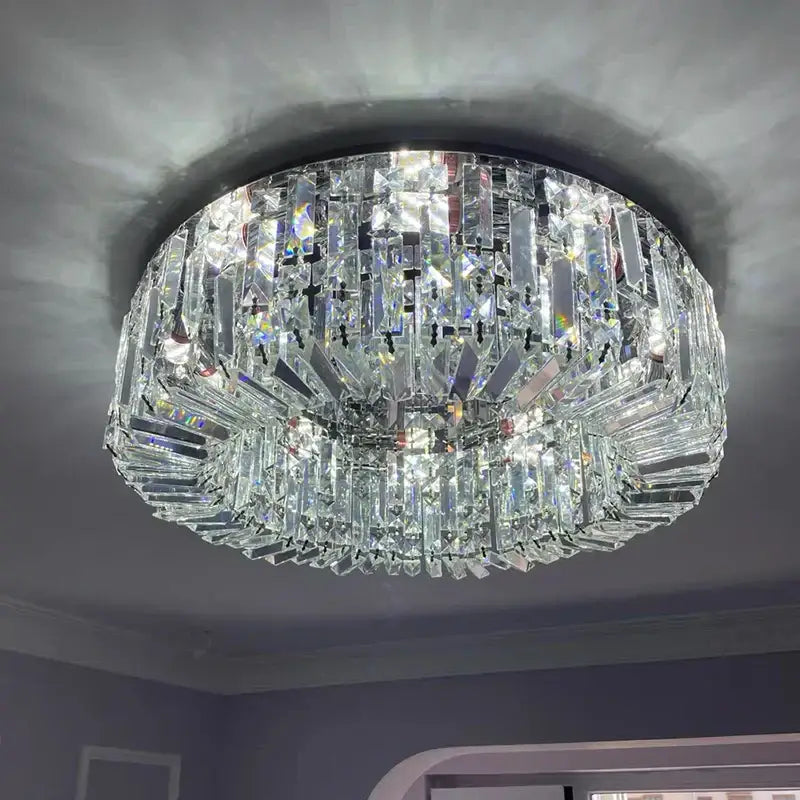 Modern chrome crystal led ceiling lamp with faceted glass rods emitting bright light for living room decorbites crystal led